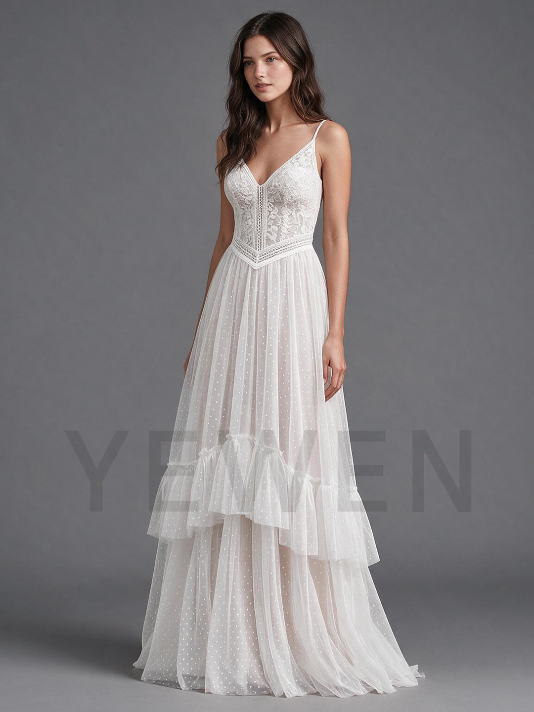 Ivory Spaghetti Strap V-Neck Lace Corset Boho Wedding Dress