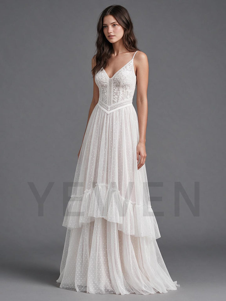 Ivory Spaghetti Strap V-Neck Lace Corset Boho Wedding Dress