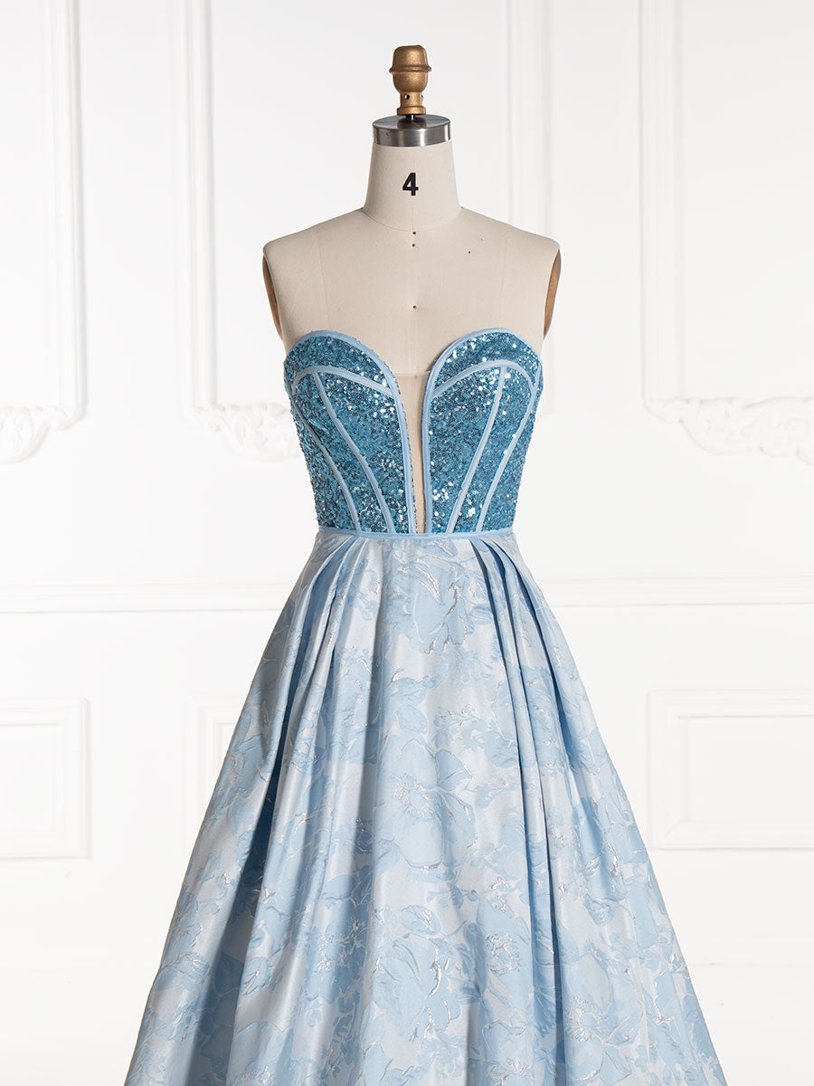 Elegant Sweetheart Blue Sequin Corset Top Jacquard Long Prom Dress YE3011 Elegant Sweetheart Blue Sequin Corset Top Jacquard Long Prom Dress YE3011