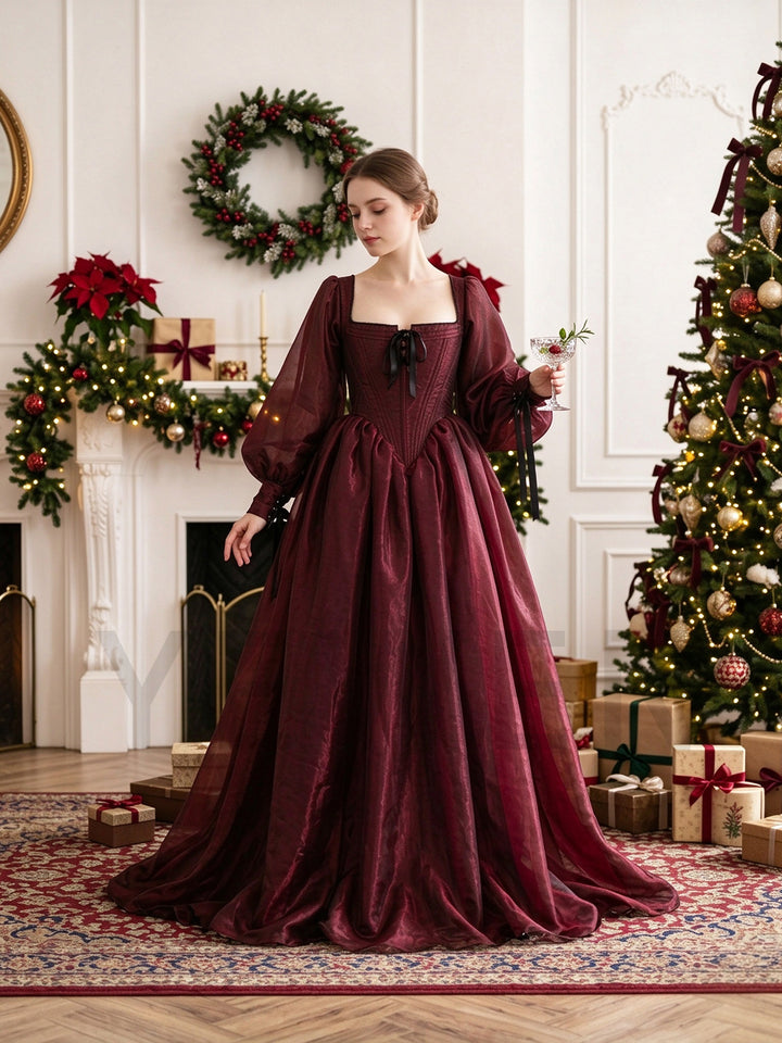 Burgundy Square Neck Lantern Sleeve Christmas Party Dress YW2610214