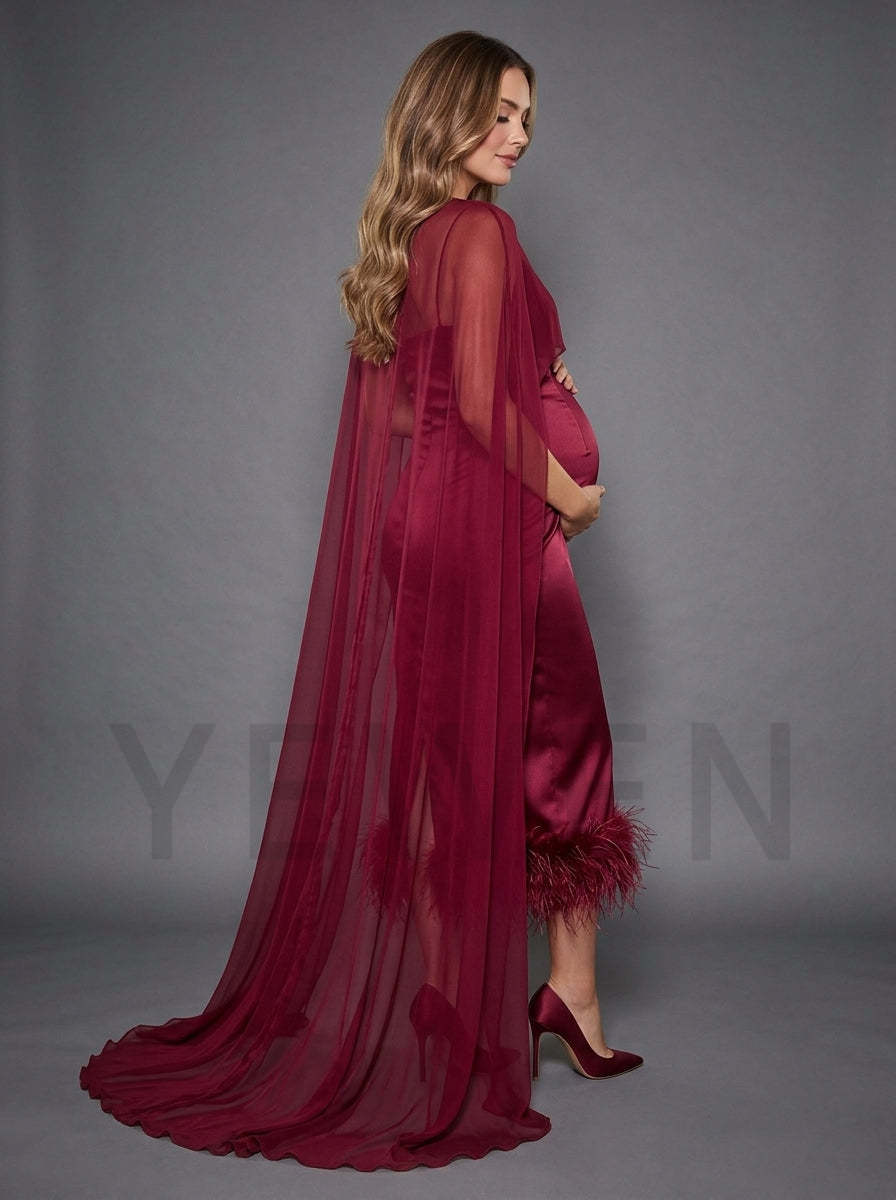 Ostrich Feather Cape Maternity Dress for Baby Shower