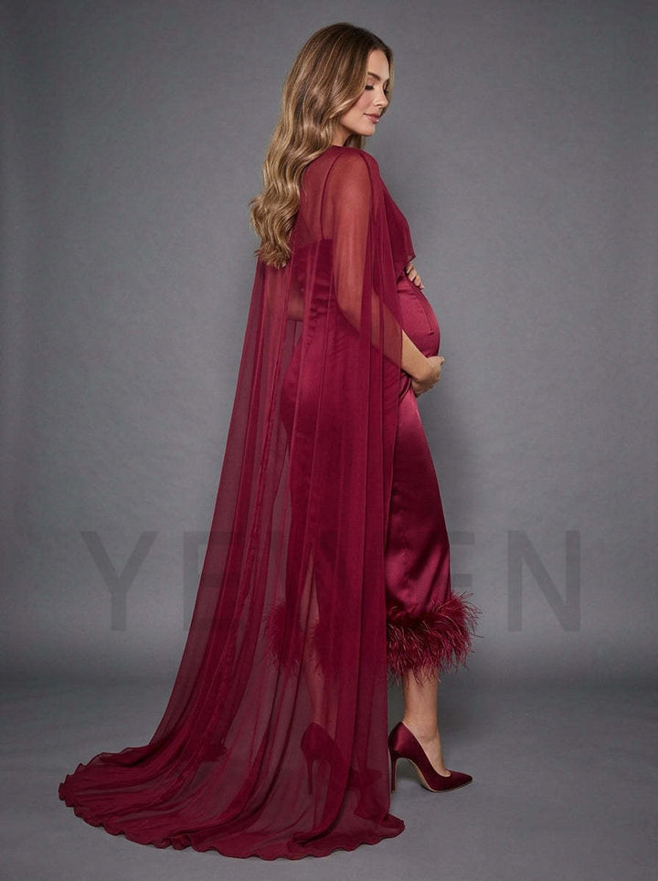 Ostrich Feather Cape Maternity Dress for Baby Shower