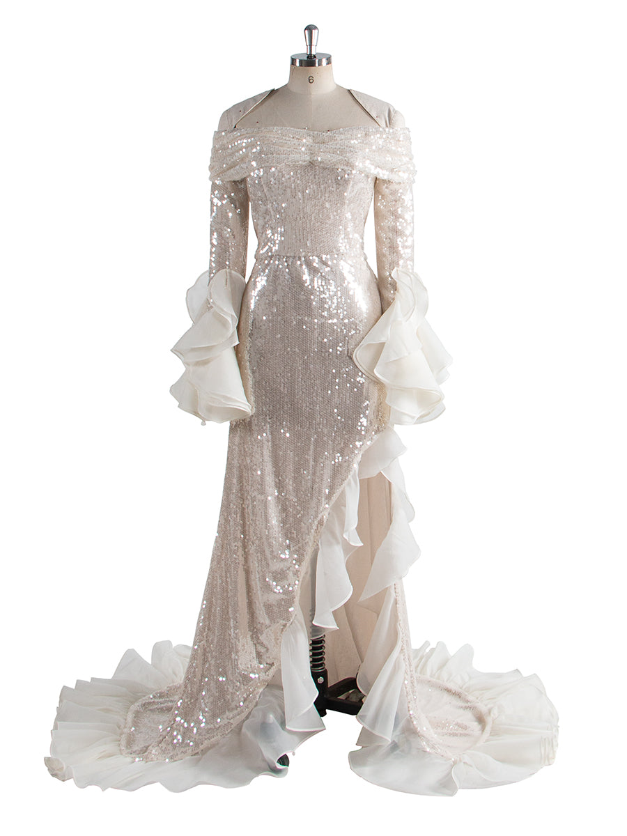 Fashion Shiny sequins Prom Party Dress Long sleeve Off Shoulder Asymmetrical Party Gown YW250020 12 / Picture Color