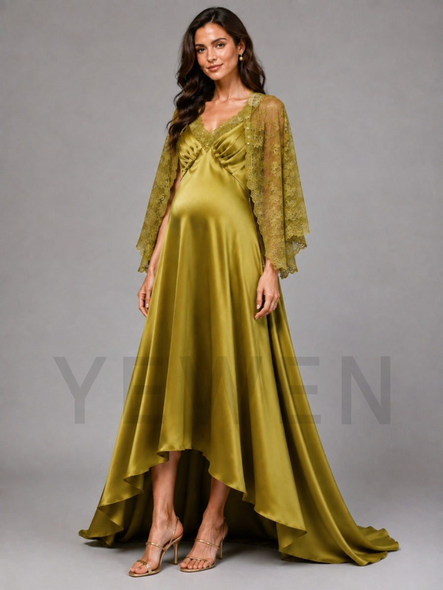 Olive V-Neck A-Line Maternity Baby Shower Dress with Sheer Lace Cape L-26921