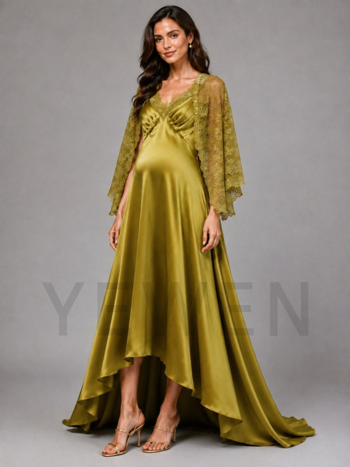 Olive V-Neck A-Line Maternity Baby Shower Dress with Sheer Lace Cape L-26921