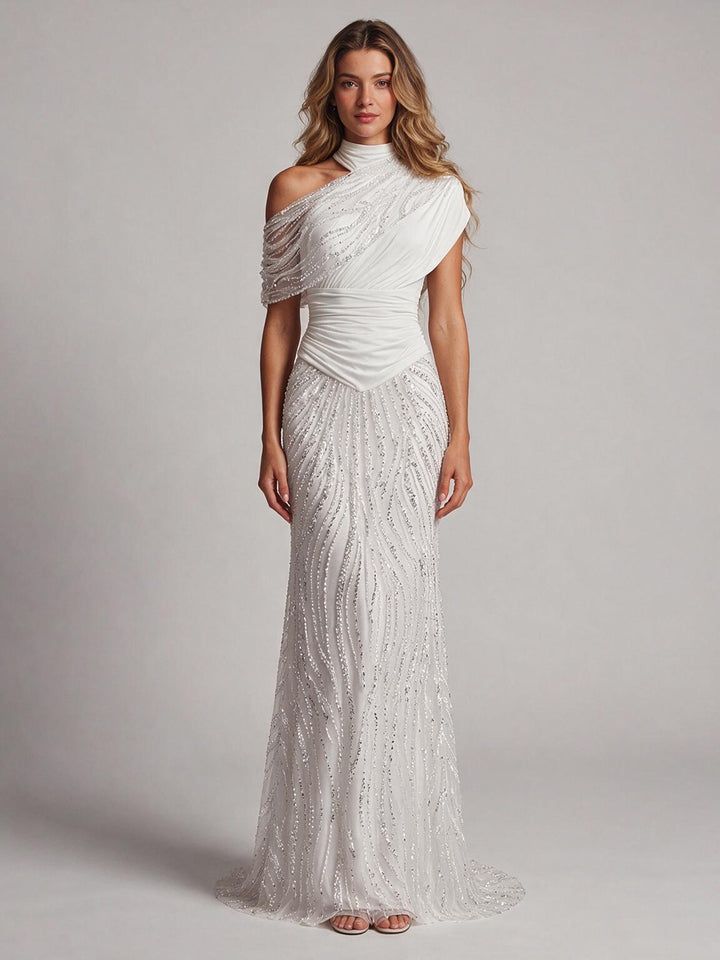 Ivory One-Shoulder Sequin Mermaid Wedding Dress with Beaded Skirt