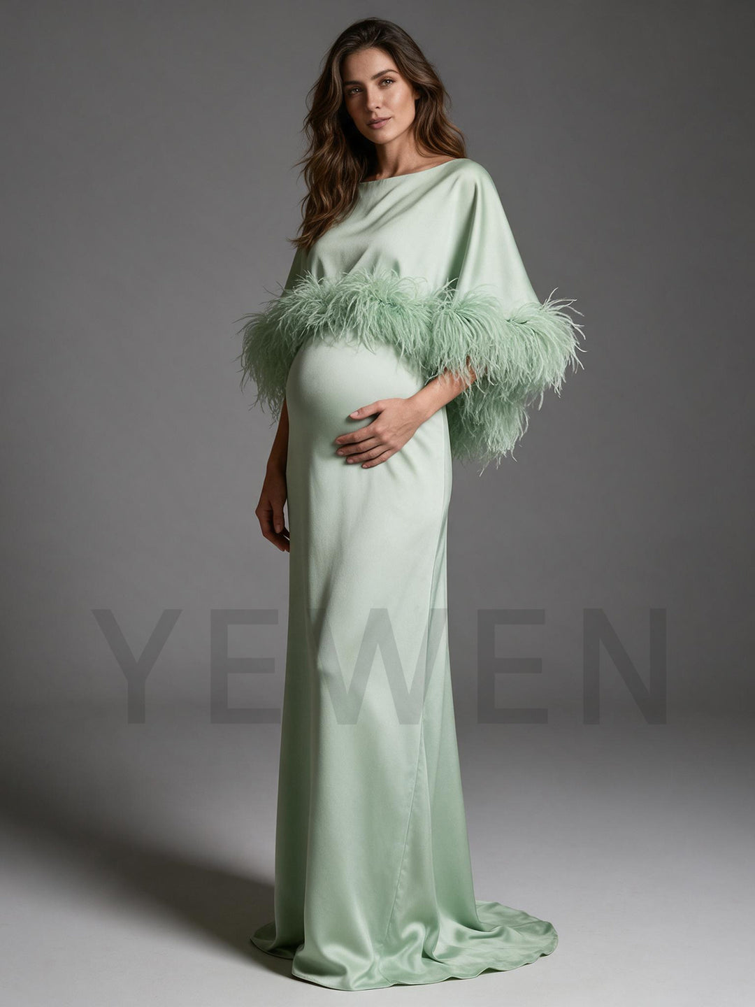 Boat Neck Ostrich Feather Satin Cape Maternity Dress for Baby Shower YW2609231