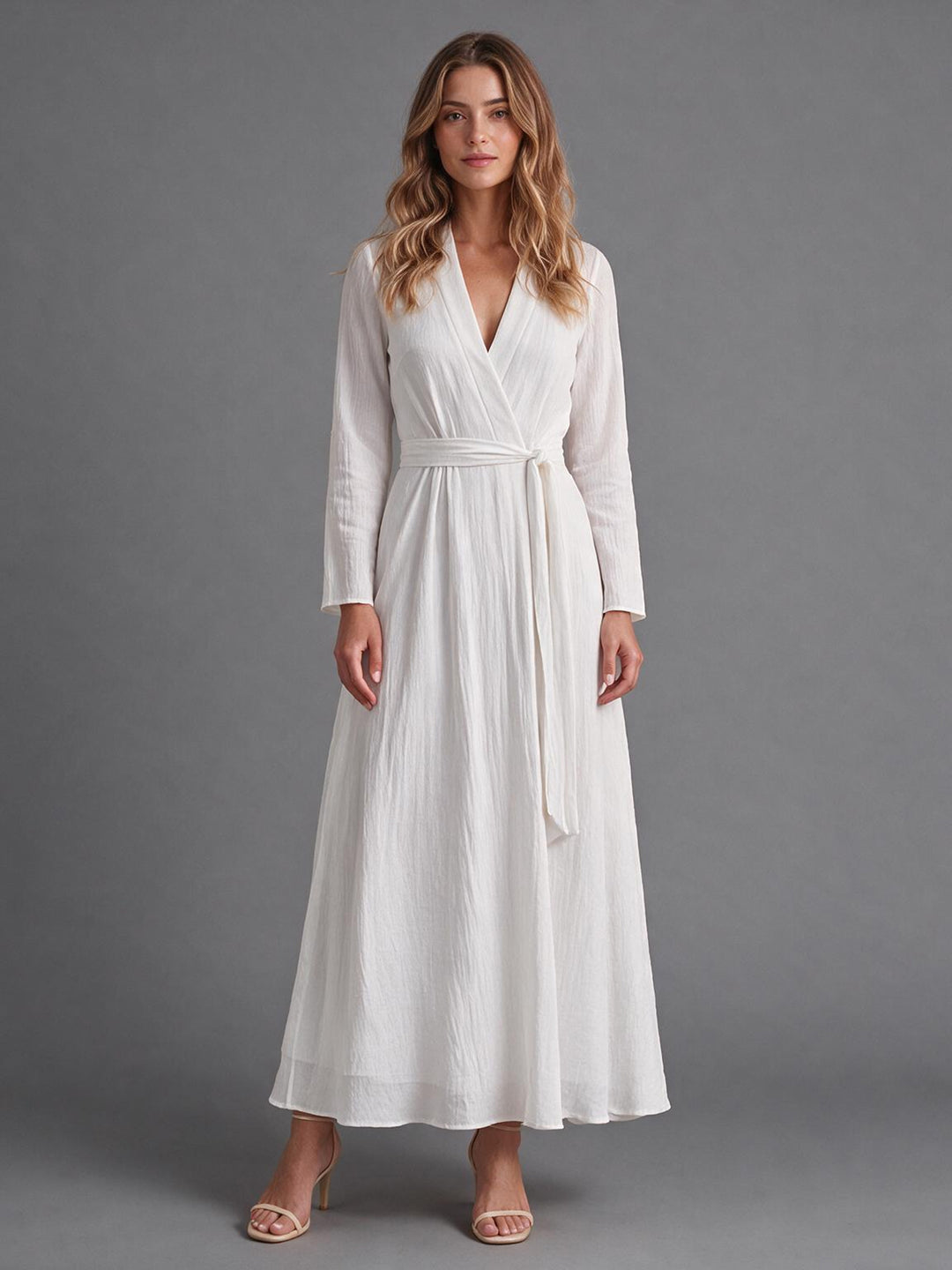 Ivory Wrap V-Neck Tie Waist Long Sleeves Boho Wedding Dress