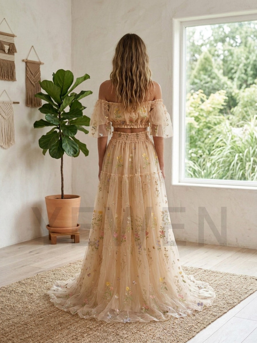 Champagne Two-Piece Off-Shoulder Ruffle Floral Boho Dress TD260839