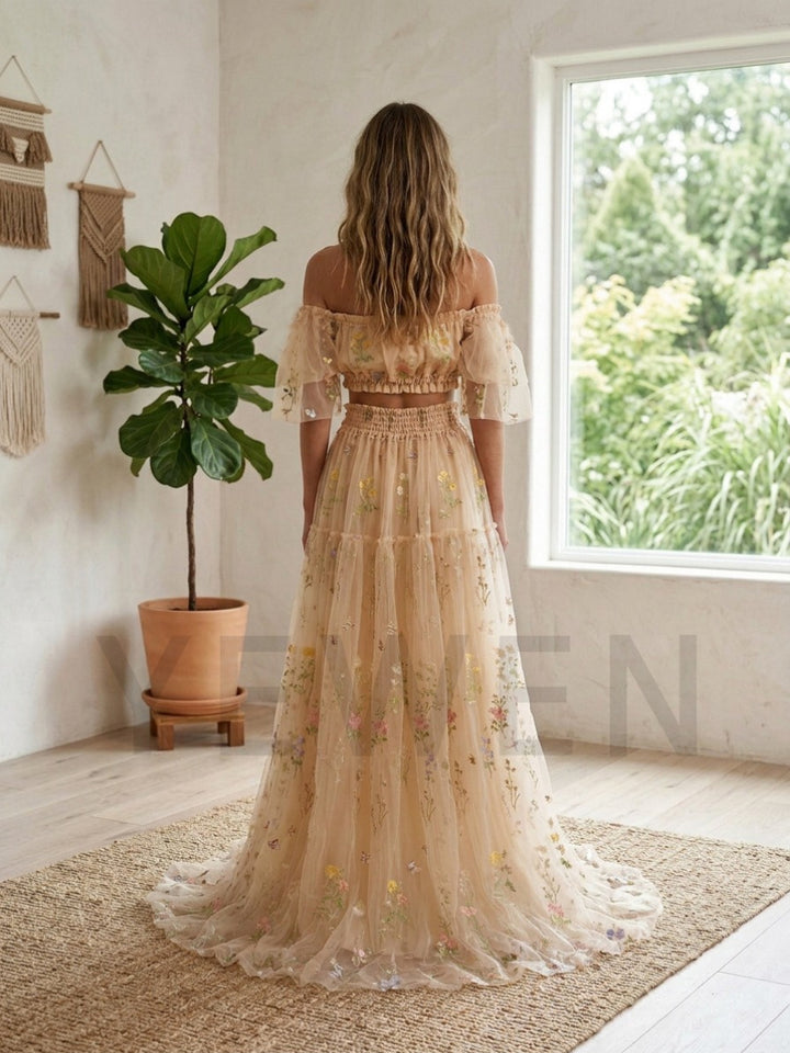 Champagne Two-Piece Off-Shoulder Ruffle Floral Boho Dress TD260839