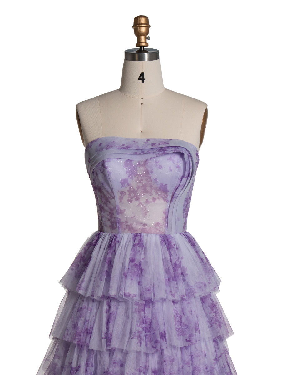 Lavender Tiered Gown Elegant Layered Printed Tulle Prom Party Dress YE3024