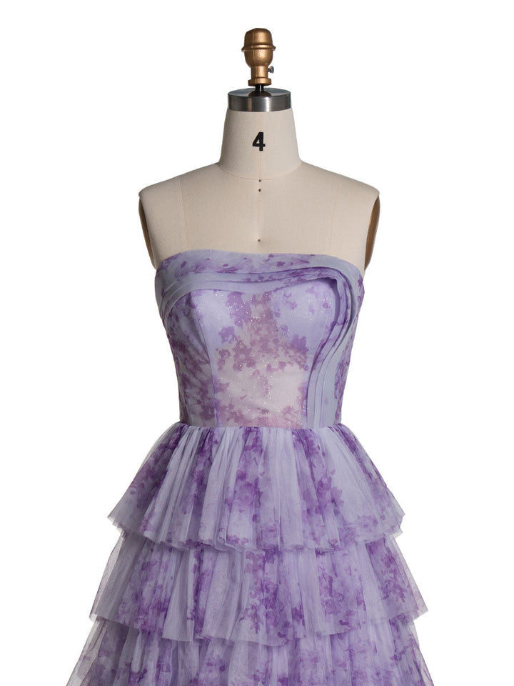 Lavender Tiered Gown Elegant Layered Printed Tulle Prom Party Dress YE3024