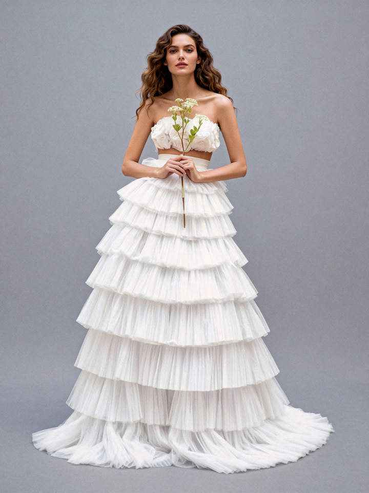 White Tulle Ball Gown Tiered ruffles Bridal Dress 2025