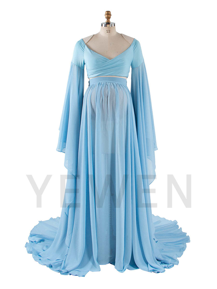 Fall Maternity Dress for Pictures Ruffled Sleeves Maternity Long Train Dress Boho Dress for Photohoot YW243111