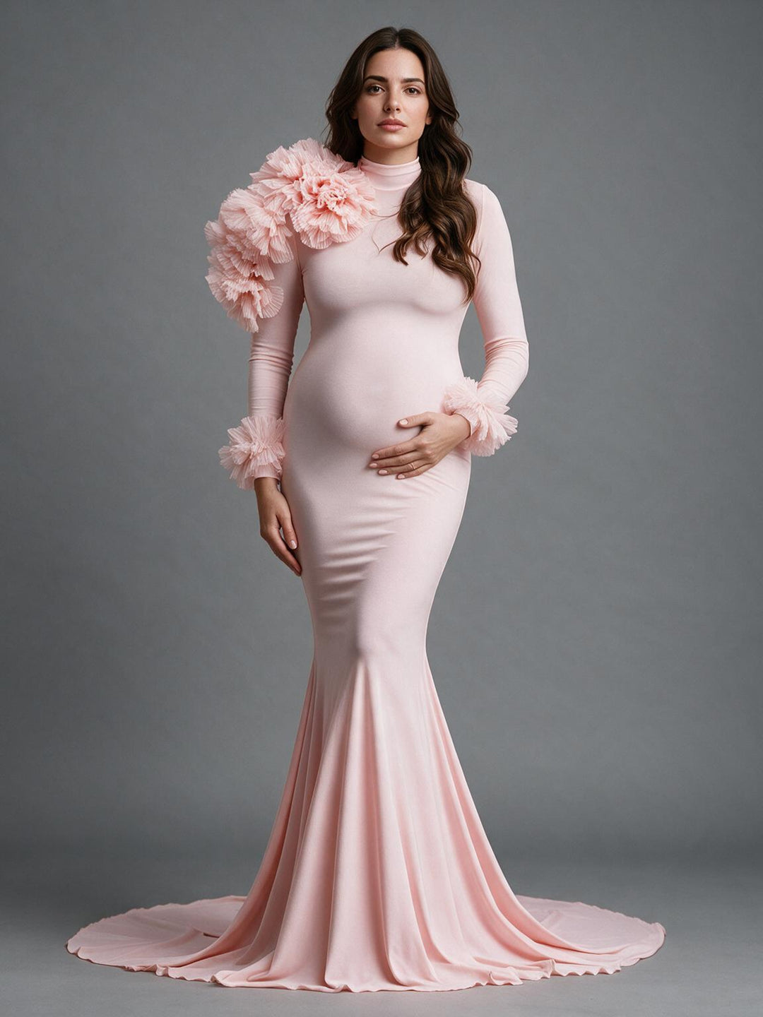 Pink Long Sleeve 3D Floral Mermaid Maternity Photoshoot Gown YW2610142
