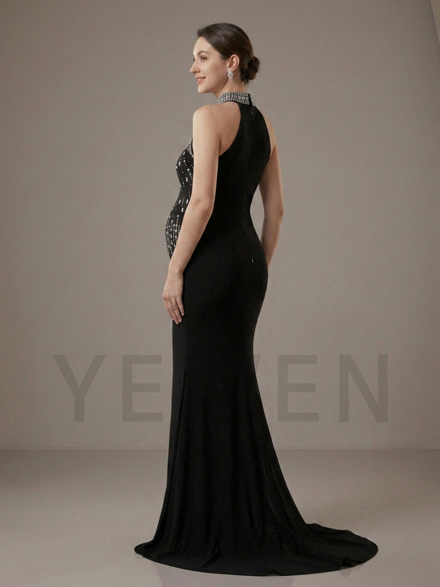Black High Halter Beaded Mermaid Maternity Photoshoot Gown YD260909