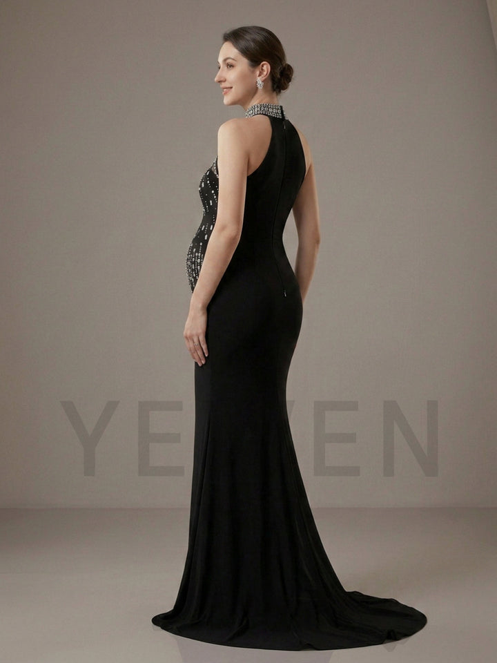 Black High Halter Beaded Mermaid Maternity Photoshoot Gown YD260909