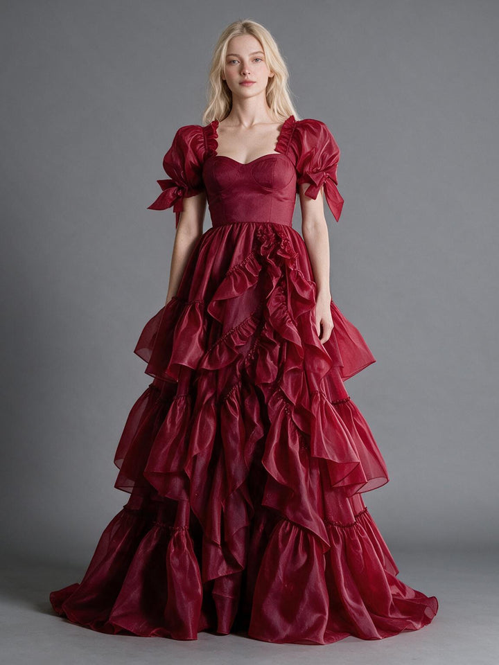 Burgundy Bow Sleeve Corset Tiered Ruffle Christmas Dress YW2610089
