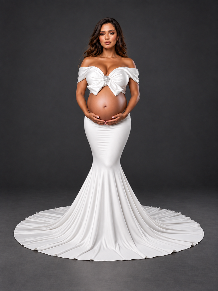 Two-Piece Off-Shoulder Bow Mermaid Maternity Photoshoot Gown HA260916