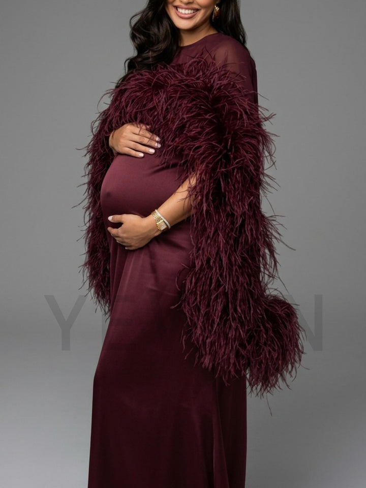 Burgundy Dramatic Feather Cape Maternity Baby Shower Dress YD260917