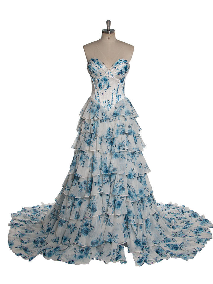 Elegant A Line Printed Chiffon Long Prom Dress with Ruffles YW240048