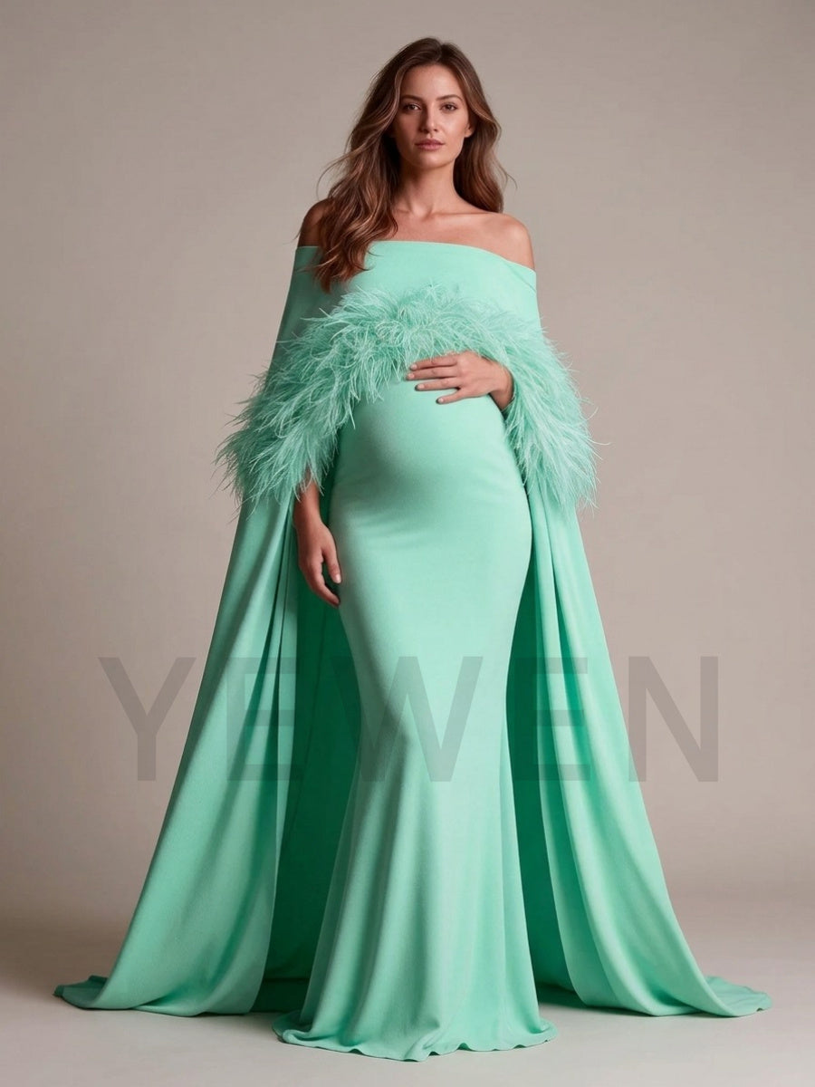Off-Shoulder Feather Cape Pregnancy Dress for Baby Shower YW2609232