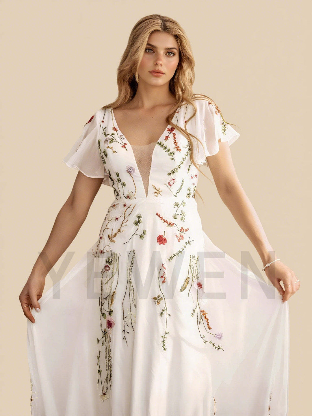 Bohemian Wedding Dress Colorful Floral Lace Chiffon Boho Wedding Gown