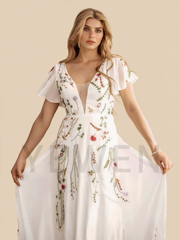 Bohemian Wedding Dress Colorful Floral Lace Chiffon Boho Wedding Gown