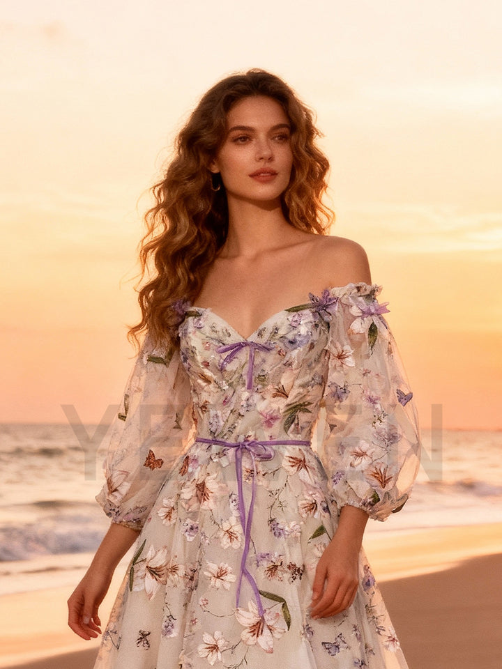 Floral Embroidered Evening Dress Garden Party Formal Gown Puffy Sleeves