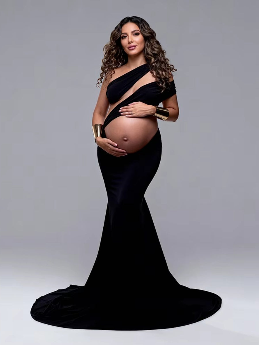 Sexy Black Pregnant Woman Photography Dress Slope Shoulder Stretchy Skinny Maternity Long Dress for Photo Shoot YW260355