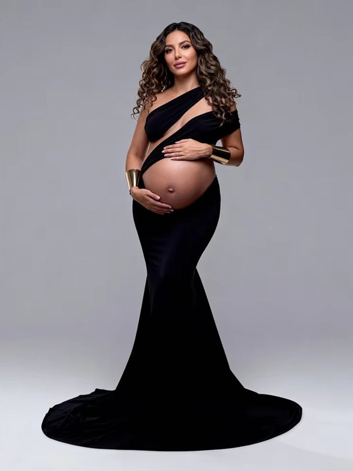 Sexy Black Pregnant Woman Photography Dress Slope Shoulder Stretchy Skinny Maternity Long Dress for Photo Shoot YW260355