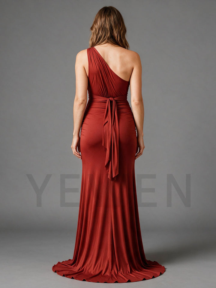 Rust Red One Shoulder Maternity Gown High Slit Flowy Baby Shower Photoshoot Dress