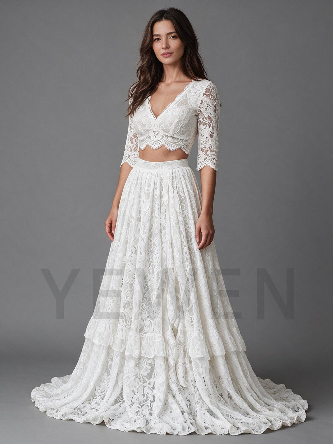 Ivory V-Neck Elbow Sleeve Lace Crop Top Boho Wedding Dress