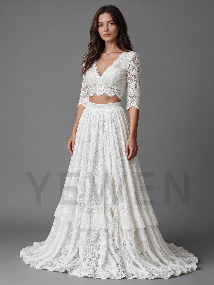 Ivory V-Neck Elbow Sleeve Lace Crop Top Boho Wedding Dress