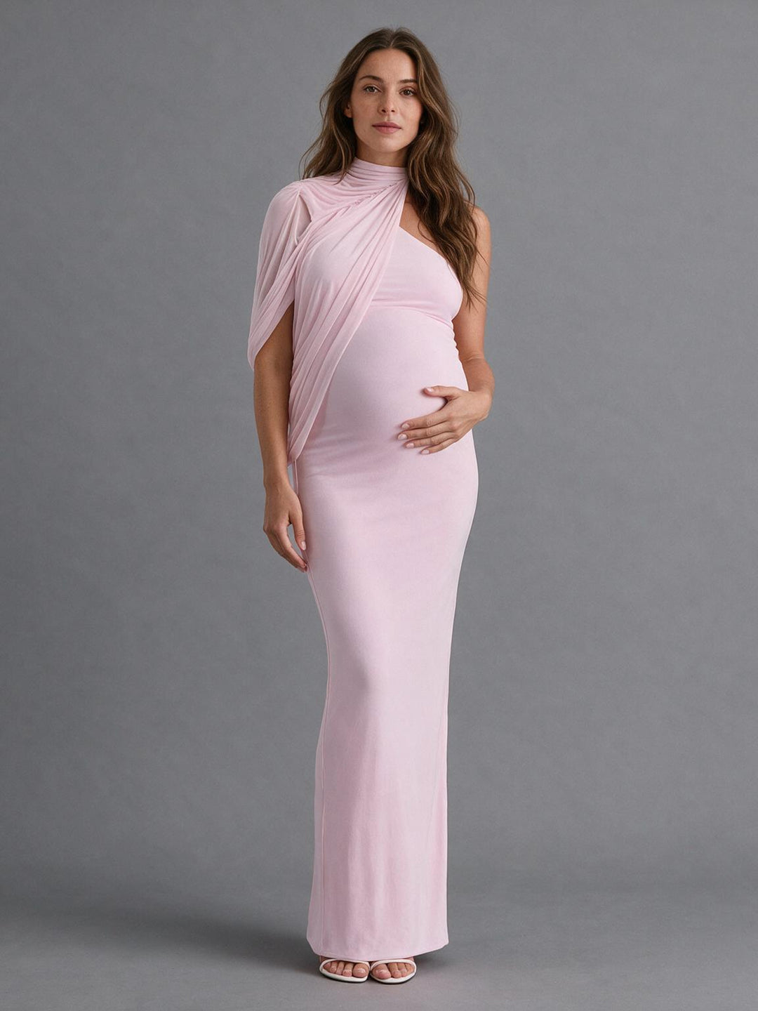 High Neck Draped Shoulder Cape Maternity Dress for Baby Shower