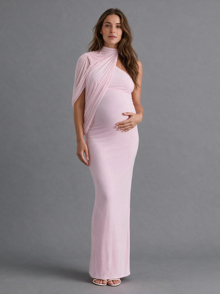 High Neck Draped Shoulder Cape Maternity Dress for Baby Shower
