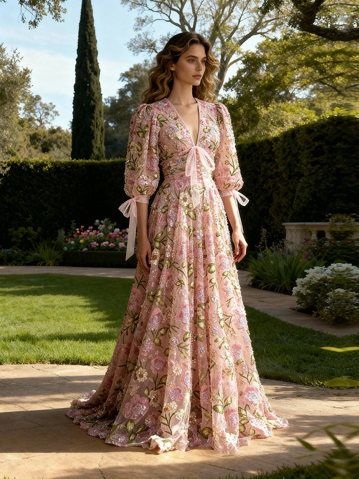 Unique Prom Dress Puffy Sleeves V Neck Embroidery Sequined Lace Evening Gown YW250079