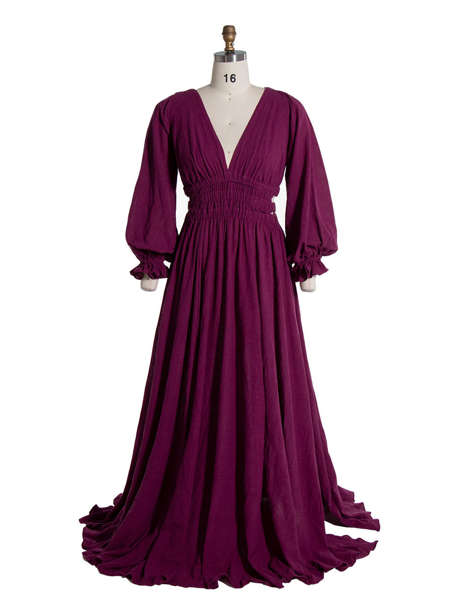 Long Sleeves Elastic Waist Boho Beach Dress Side Slit Woman Photo Shoot Dresses YW221118-1 14 / M36