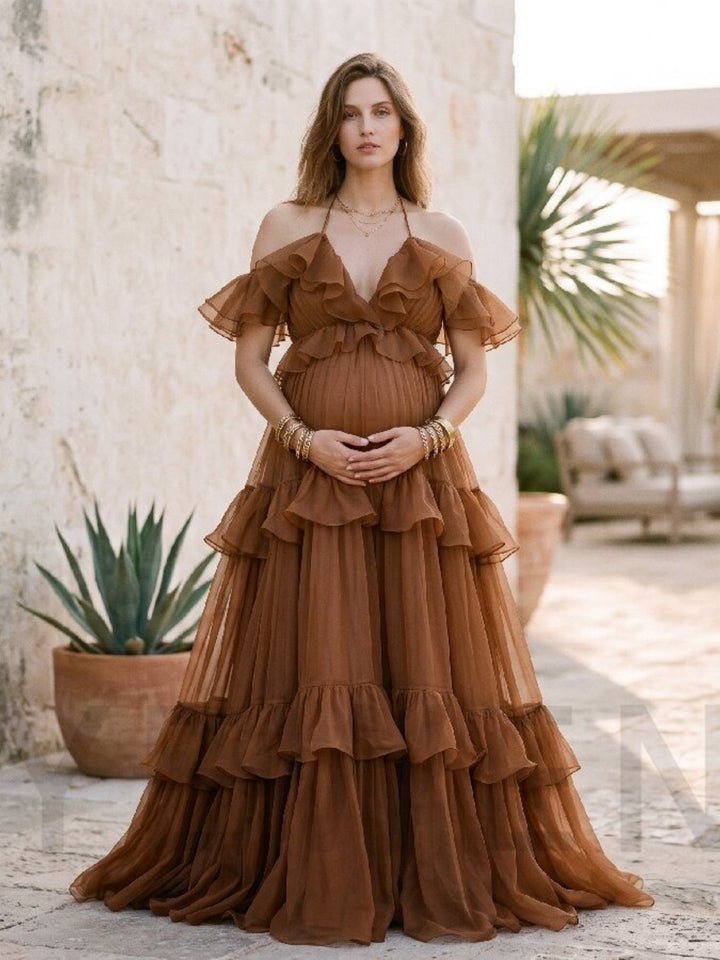 Soft Organza Tiered Ruffle Halter Maternity Photoshoot Gown ZO260917
