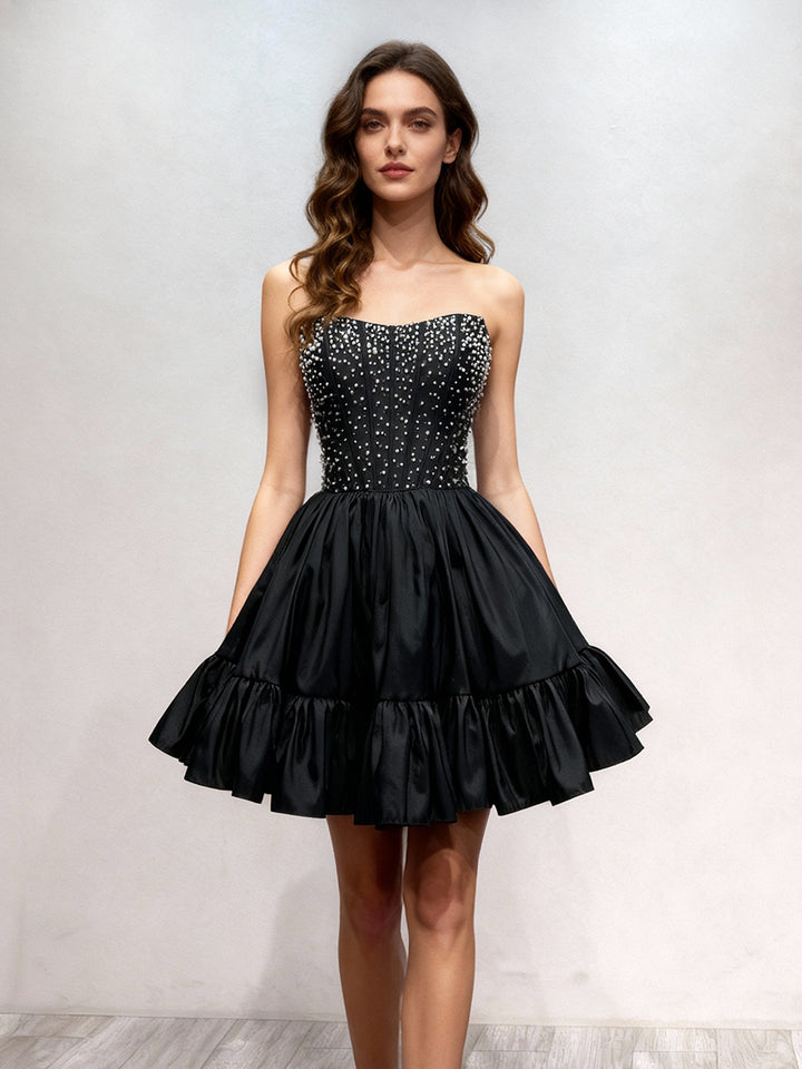 Black Beading Evening Dress Women Strapless Mini Prom Party Cocktail Dress F25168J