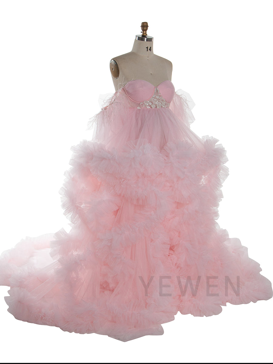 Light Pink Ruffles Tulle Maternity Dress for Photoshoot Baby Shower YW251059