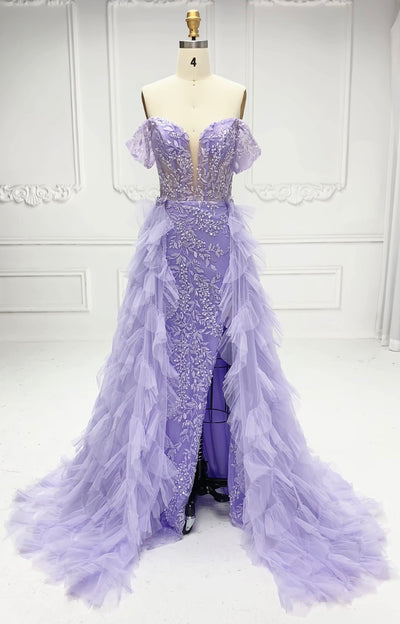 Elegant, Off The Shoulder,  Embroidery Lace , tulle Lilac,  Prom Gown with Detachable Train