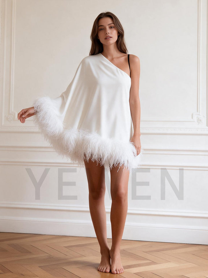 Ivory One-Shoulder Ostrich Feather Poncho Satin Party Dress YW2610061