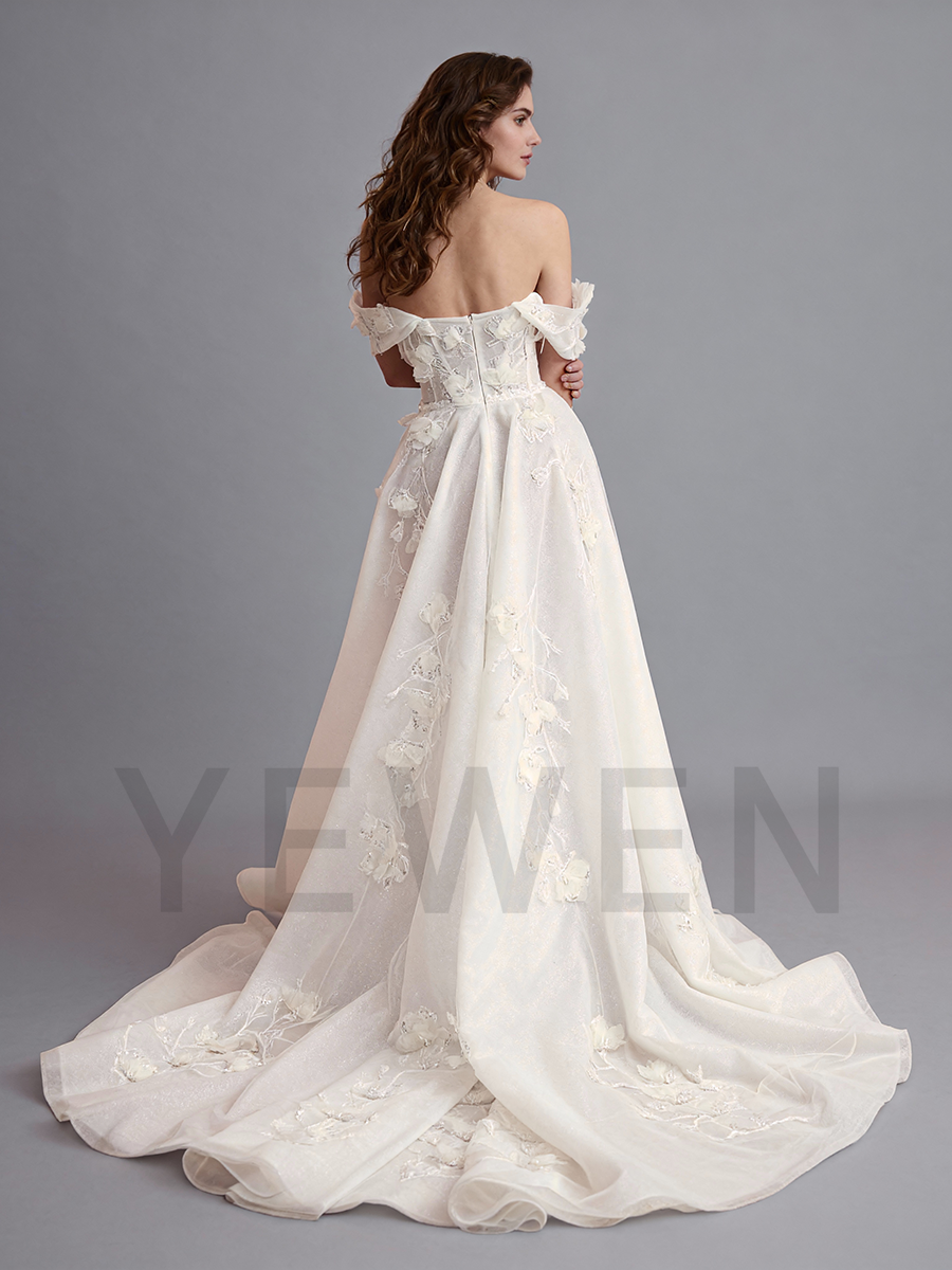 Shiny Tulle Wedding Dress Applique 3D Floral Lace Off Shoulder Bridal Gown