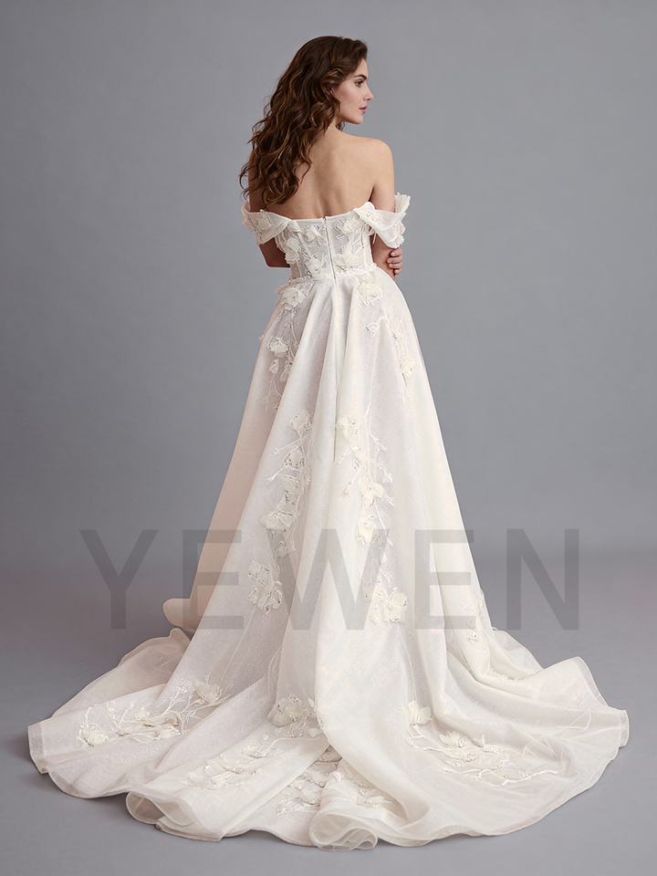 Shiny Tulle Wedding Dress Applique 3D Floral Lace Off Shoulder Bridal Gown