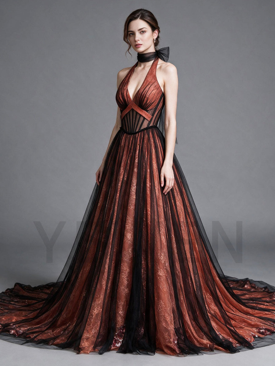 Halter Corset Tulle Evening Gown with Sequin Train YX26103