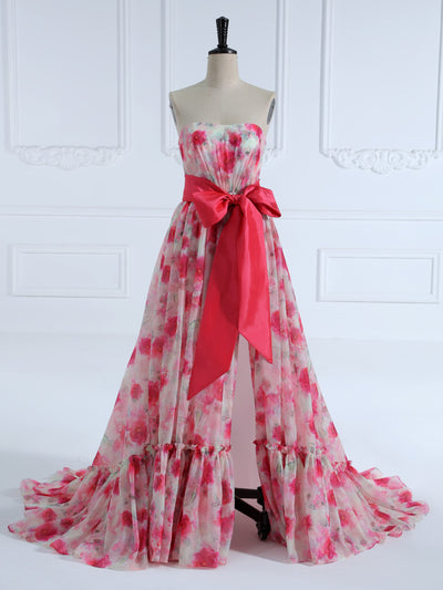 Strapless Floor Length Pink Printing Organza Prom Dresses with Bow Belt