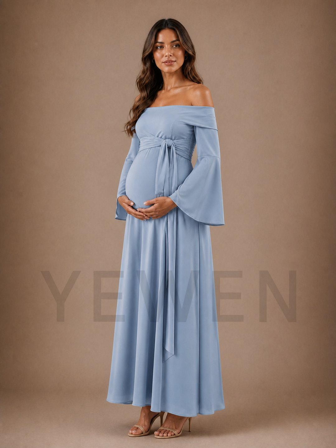 Dusty Blue Off Shoulder Maternity Baby Shower Dress with Flare Sleeves ZX018