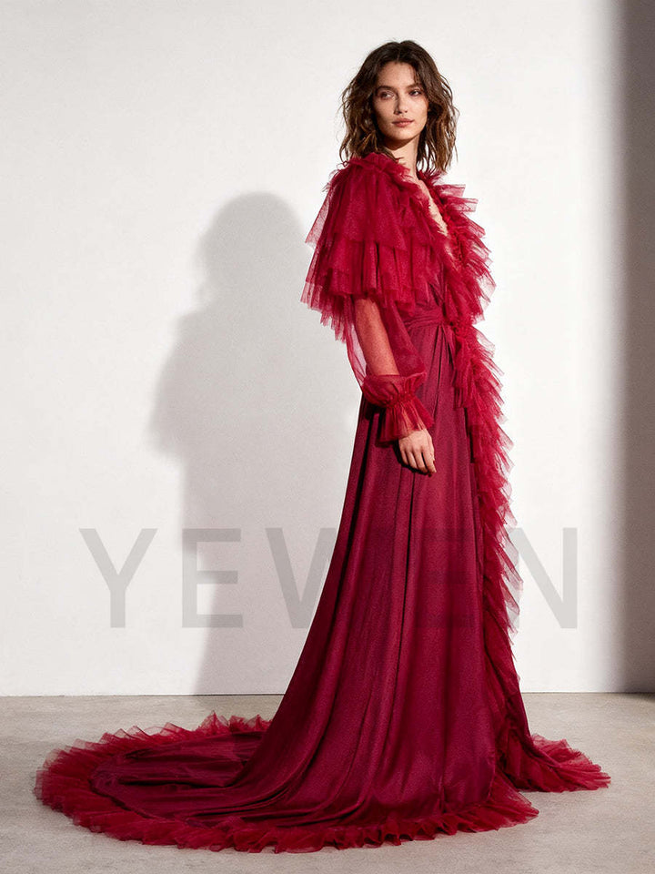 Deep Red Tulle Ruffle Gown for Photoshoots YW250073