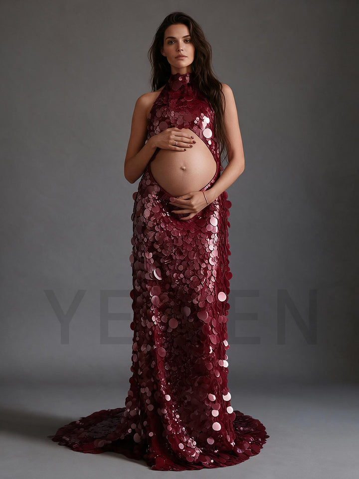 Halter Cutout Belly Sequin Maternity Baby Shower Dress YW2609233